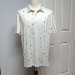 Izod White Polo Hula Girls Pineapples Palm Trees Reds/Blues Silky Sheen Size L